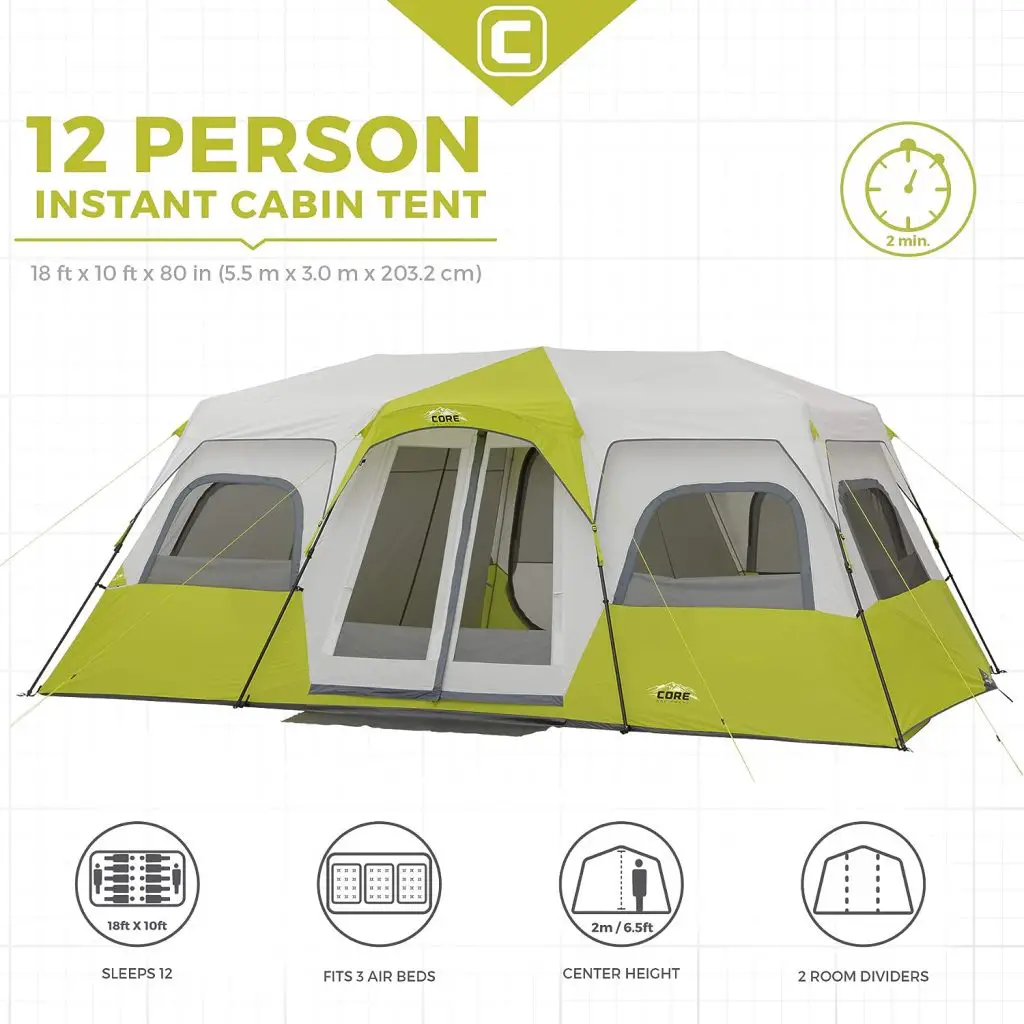 CORE 12 Person Instant Cabin Tent | 3 Room Huge Tent for Family with Storage Pockets for Camping Accessories | Portable Large Pop Up Tent for 2 Minute Camp Setup