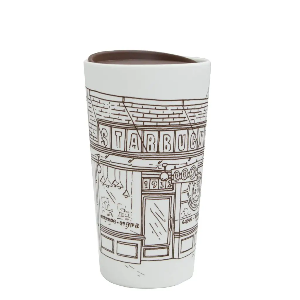The First Starbucks Coffee Store Pike Place Storefront Soft Touch Ceramic Travel Mug, 12 oz